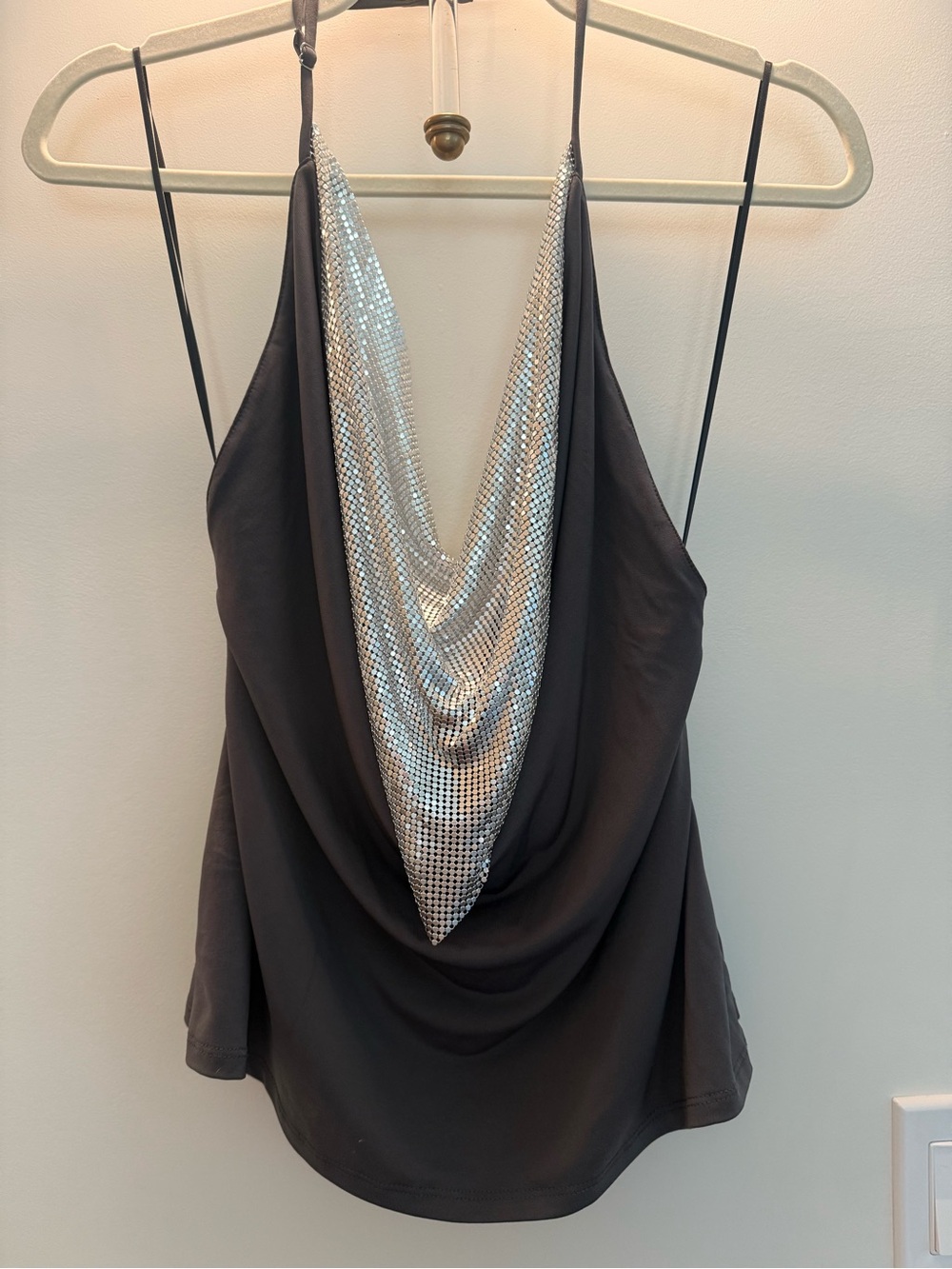 Zara  Draped Cowl Neck Tank with Silver Chainmail Detail